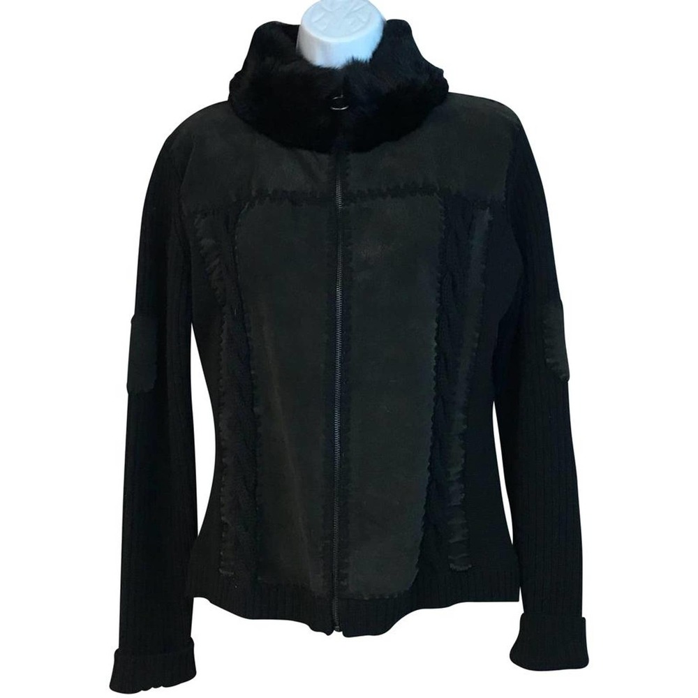 LISA HO RABBIT FUR TRIM BLACK SUEDETTE   JACKET M